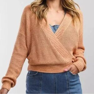 Billabong Women's Cozy V-Neck Cross Body Wrap Knot Sweater in Tan, Medium
